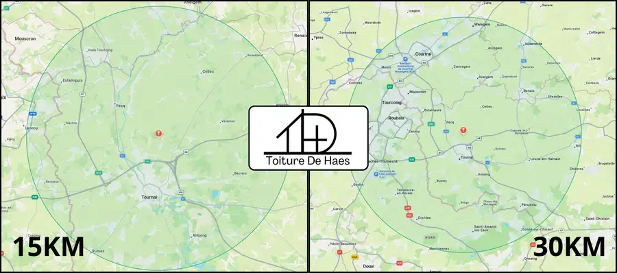 Zones d'intervention ramonage — rayon de 15 et 30 km autour de Tournai